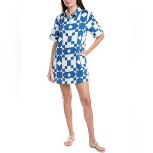 New Sea New York Blue and White Tanya Print Short Sleeve Shirtdress